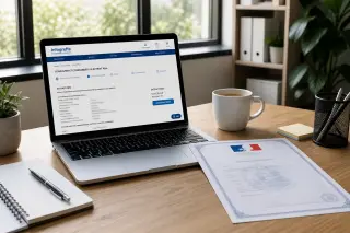 Bureau moderne avec ordinateur affichant un site administratif français et un document officiel posé à côté, ambiance professionnelle et bien rangée, éclairage naturel