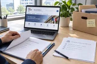Main consultant un dossier administratif sur un bureau moderne, avec un ordinateur portable et des cartons de déménagement en arrière-plan dans une ambiance professionnelle