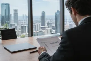 Businessperson in a modern office reviewing documents at a desk, with city buildings seen through large windows, representing corporate organization and strategy.